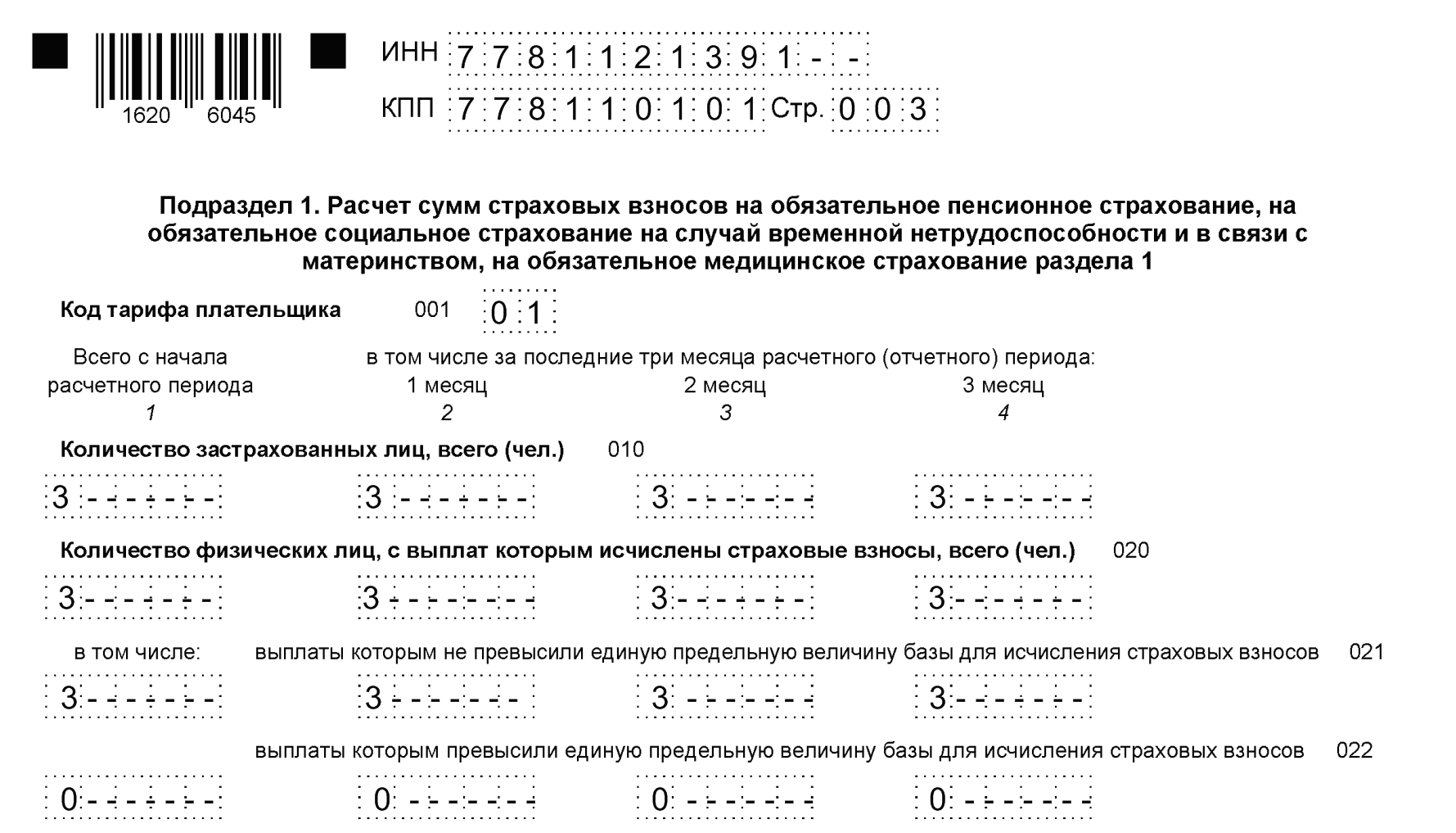 Образец оформления Подраздела 1 Раздела 1 по основному тарифу