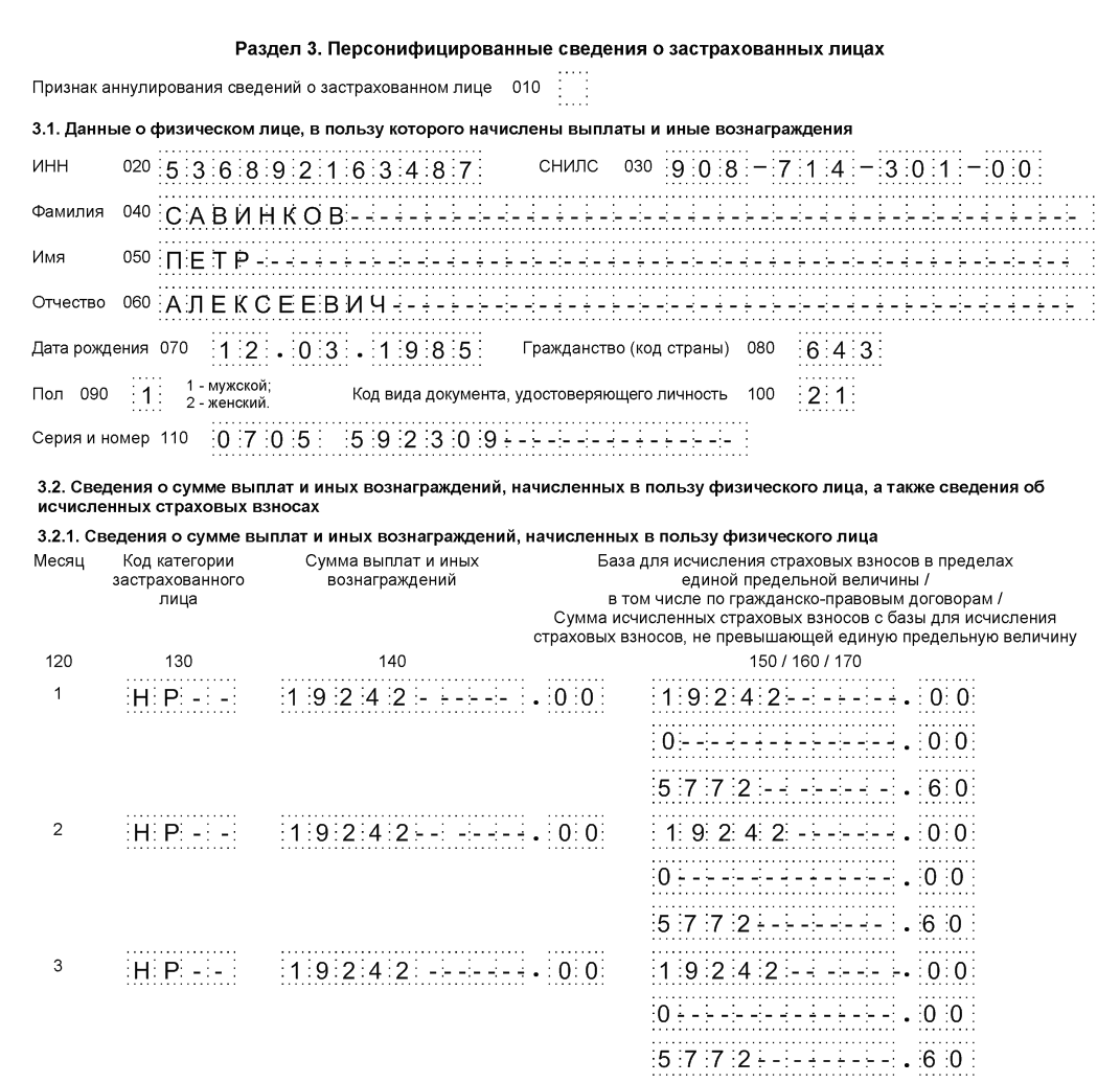 Образец оформления Раздела 3 по одному сотруднику