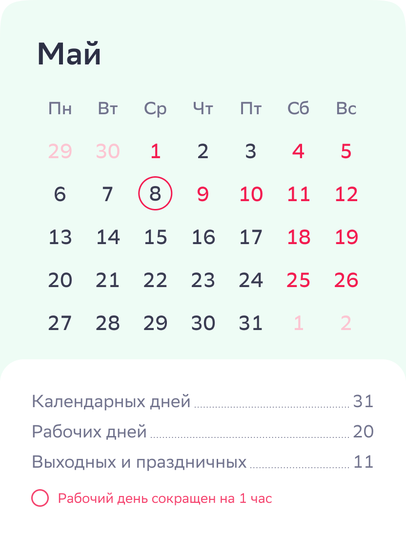Производственный календарь на май 2024 года: рабочие дни, выходные и  праздники | Деловая среда